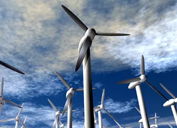 Wind turbines generating energy off the southern coast of the UK